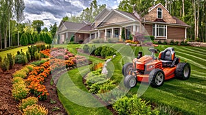 a well-maintained lawn in front of a middle-class house, where a sleek lawnmower stands ready, hinting at the pride of