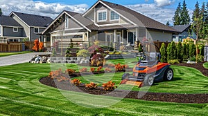 a well-maintained lawn in front of a middle-class house, where a sleek lawnmower stands ready, hinting at the pride of