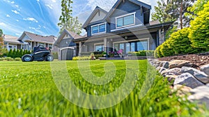 a well-maintained lawn in front of a middle-class house, where a sleek lawnmower stands ready, hinting at the pride of