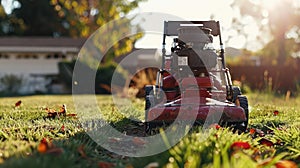 a well-maintained lawn in front of a middle-class house, where a sleek lawnmower stands ready, hinting at the pride of