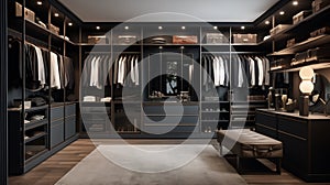 A well-organized closet room with collection of elegant suits neatly hung