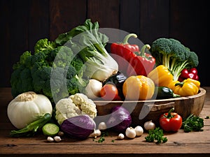 A well-organized display of nutritious vegetables is placed on a wooden surface.