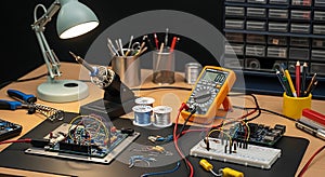 Electronics Workbench with Circuit Boards and Testing Equipment