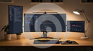 Modern Home Office Workspace with Multiple Monitors and Coding Software