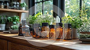 A well-organized kitchen counter featuring biohacker supplements and health products photo