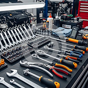 A well-organized mechanic's workshop with an array of tools on a workbench