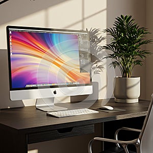 A well-organized, modern workspace featuring an Apple iMac on a