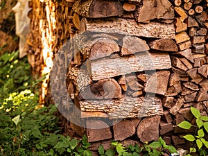 Well organized pile of firewood. Selective focus. Warm sunny color grade. Preparation for cold season. Classic house fuel for all