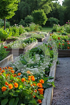 A well-organized potager garden, blending ornamental and edible plants in perfect harmony.