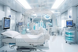 Well-organized and technologically advanced intensive care unit (ICU) with specialized equipment, emphasizing