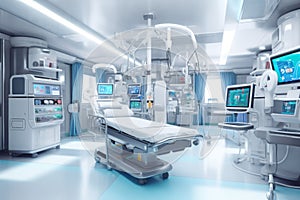 Well-organized and technologically advanced intensive care unit (ICU) with specialized equipment, emphasizing