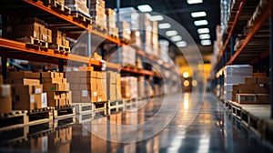 A well organized warehouse interior with rows of shelves stocked with boxes, reflecting the busy world of logistics and