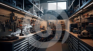 Well-organized workshop with power tools, hand tools, and storage for efficient craftsmanship