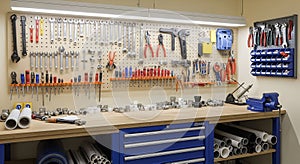 Well-organized workshop with various tools and materials for projects and repairs