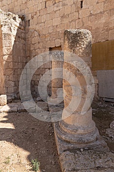 Well-preserved  pillar with decorative ornaments in ruins of the palace of King Herod - Herodion in the Judean Desert, in Israel