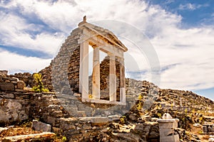 Well preserved Temple of Isis side view on Delos Island located on the hill above the ancient city, Greece