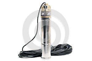 Well pump with cable on a white background. Vortex type pump with a diameter of 4 inches.