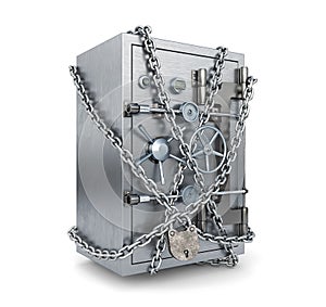 Well-secured small steel safe protected with chain and padlock,