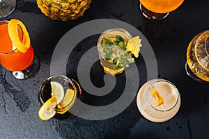 a bar with various alcohols on the table top view