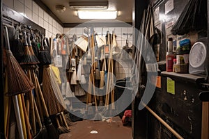 a well-stocked cleaning supply closet with mops, brooms, and dusters