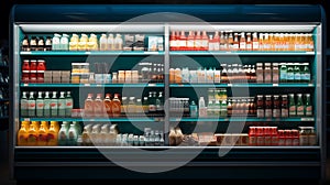 Well Stocked Front View of a Supermarket Refrigerator with Bottles and food Products AI Generated