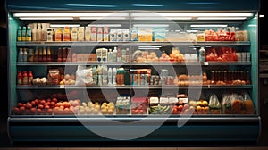 Well Stocked Front View of a Supermarket Refrigerator with Bottles and food Products AI Generated