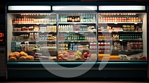 Well Stocked Front View of a Supermarket Refrigerator with Bottles and food Products AI Generated