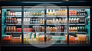 Well Stocked Front View of a Supermarket Refrigerator with Bottles and food Products AI Generated