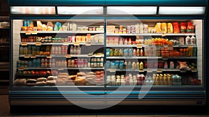 Well Stocked Front View of a Supermarket Refrigerator with Bottles and food Products AI Generated