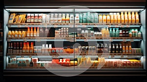 Well Stocked Front View of a Supermarket Refrigerator with Bottles and food Products AI Generated