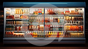 Well Stocked Front View of a Supermarket Refrigerator with Bottles and food Products AI Generated