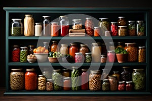 A well-stocked pantry with shelves filled with canned