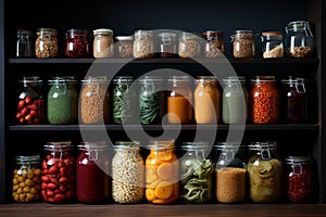 A well-stocked pantry with shelves filled with canned on black background