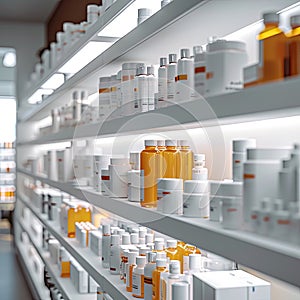 Well-Stocked Pharmacy Shelf With Various Bottles