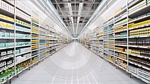 Well-Stocked Shelves, Long Aisle with Variety of Products in Supermarket, Generative AI