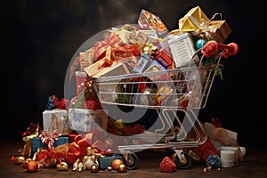 A well-stocked shopping cart overflowing with presents for a festive shopping experience during the holiday season, Overflowing