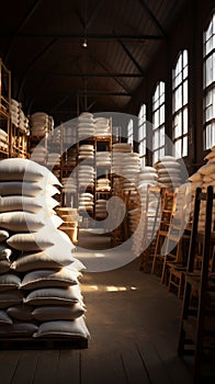 A well stocked warehouse holds bags of flour, sugar, and groats
