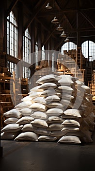 A well stocked warehouse holds bags of flour, sugar, and groats