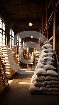 A well stocked warehouse holds bags of flour, sugar, and groats