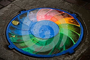 The well, the trapdoor on the path, is painted with a rainbow. Abstract swirl pattern of rainbow color spectrum