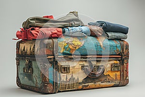 Vintage suitcase overlaid with travel memories