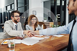 Well, it was great to meet you. businesspeople shaking hands during a job interview in an office.