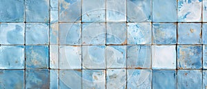 A well-worn and distressed tiled surface in varying shades of blue, evoking a frosty, weathered aesthetic with a hint of
