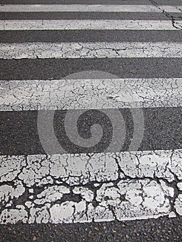 Well-worn white stripes on the asphalt, which are used to regulate flows in the same direction