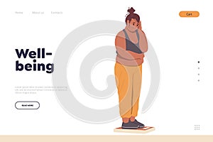 Wellbeing concept for landing page design template with sad fat obese woman looking at scale