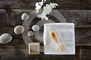 Wellbeing still life for detox spa with cleansing loofah brush