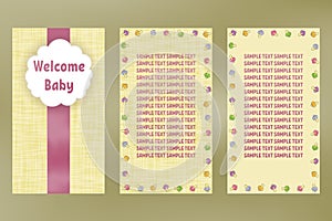 Wellcome baby. Greeting card birthday. Vector postcard with ribbon.