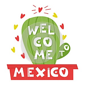 Wellcome Mexico. Cute cartoon lettering. Flat illustration isolate on white background. photo