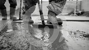 With wellcoordinated movements the workers use bull floats to smooth out the surface of the concrete preparing it for