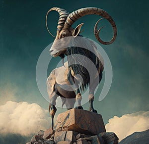 A wellequipped Capricorn standing atop a tall peak surveying all that lies ahead. Zodiac Astrology concept. AI